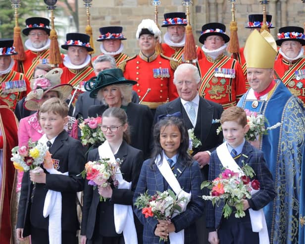 King Charles and Queen Camilla with Wearside school children  Euan Black and Indrakshi Chatterjee from Durham Cathedral Schools Foundation and Sam Parkinson and Eve Brown from Durham Johnston School.