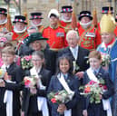 King Charles and Queen Camilla with Wearside school children  Euan Black and Indrakshi Chatterjee from Durham Cathedral Schools Foundation and Sam Parkinson and Eve Brown from Durham Johnston School.