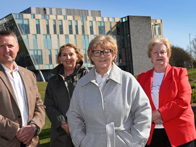 From left: Tony Lister, Managing Director at Castle, Dr Lindsey Whiterod CBE, Chief Executive of South Tyneside College, Cllr Tracey Dixon, Leader of South Tyneside Council and Cllr Margaret Meling, Lead Member Economic Growth and Transport, in front of the One Harton Quay building.