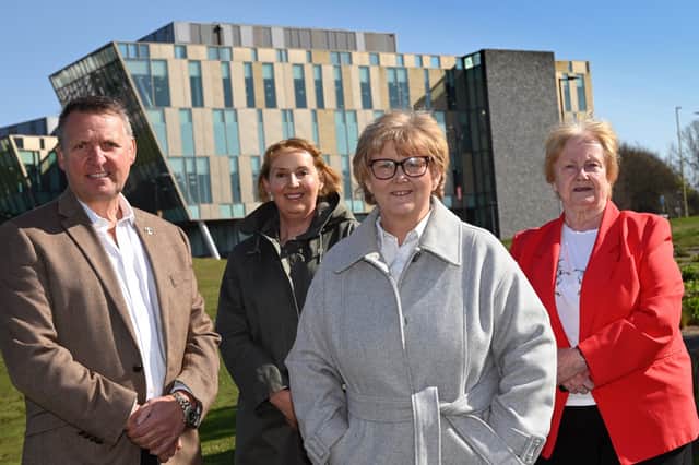 From left: Tony Lister, Managing Director at Castle, Dr Lindsey Whiterod CBE, Chief Executive of South Tyneside College, Cllr Tracey Dixon, Leader of South Tyneside Council and Cllr Margaret Meling, Lead Member Economic Growth and Transport, in front of the One Harton Quay building.