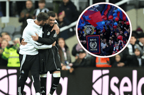 Jason Tindall and Bruno Guimaraes after Newcastle United's 5-0 win v Crystal Palace