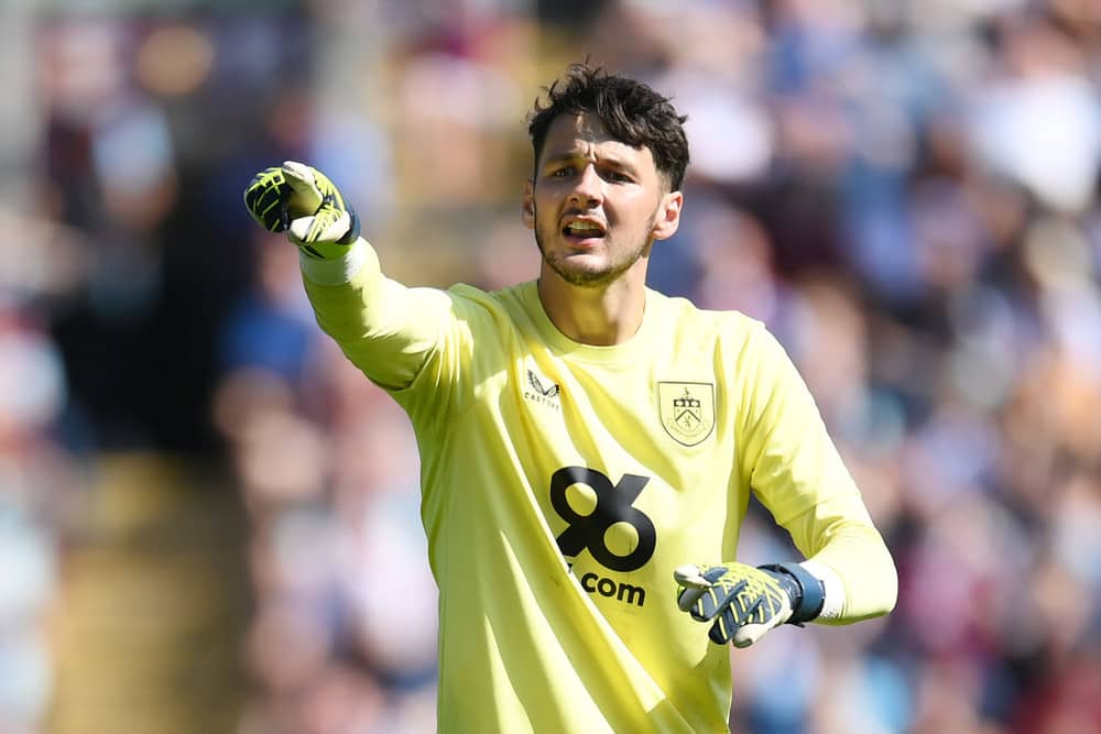 James Trafford of Burnley gestures during the Sky Bet Championship match between Burnley FC and Blackburn Rovers FC at Turf Moor on August 31, 2024 in Burnley, England. (Photo by Ben Roberts Photo/Getty Images)