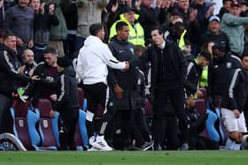Jason Tindall, Interim Manager of Newcastle United, shakes hands with Unai Emery, Manager of Aston Villa, after the Premier League match between Aston Villa FC and Newcastle United FC at Villa Park on April 19, 2025 in Birmingham, England. (Photo by Michael Steele/Getty Images)