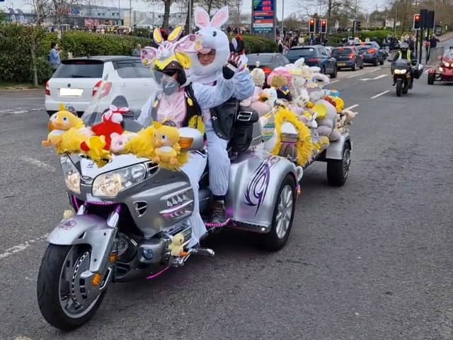 Bikers by the hundred took part in the convoy which toured North East hospitals where they delivered Easter eggs.