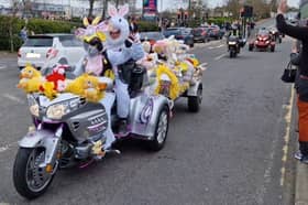 Bikers by the hundred took part in the convoy which toured North East hospitals where they delivered Easter eggs.