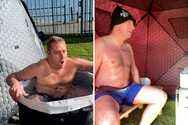 Reporter Neil Fatkin trying out the pop-up plunge pool and sauna.