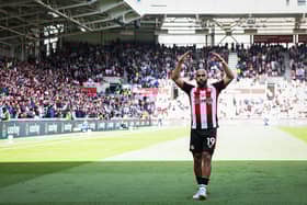 Bryan Mbeumo of Brentford celebrates scoring his team's second goal during the Premier League match between Brentford FC and Brighton & Hove Albion FC at Gtech Community Stadium on April 19, 2025 in Brentford, England. (Photo by Ryan Pierse/Getty Images)