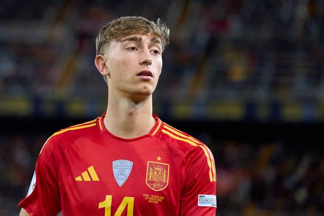 Dean Huijsen of Spain looks on during the UEFA Nations League Quarterfinal Leg One match between Spain and Netherlands at Estadio Mestalla on March 23, 2025 in Valencia, Spain. (Photo by Aitor Alcalde/Getty Images)