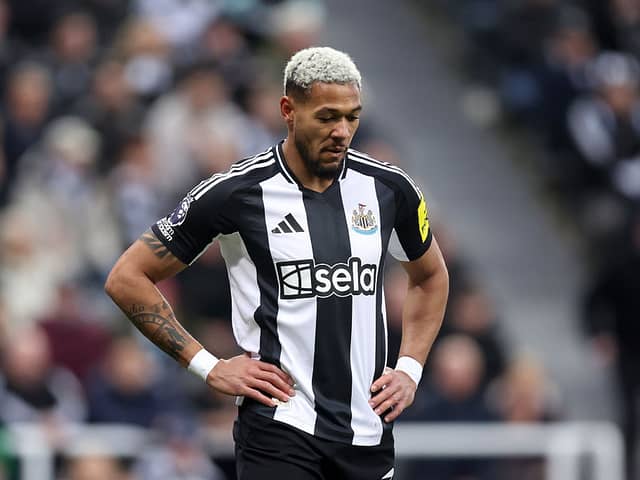 Joelinton of Newcastle United looks on during the Premier League match between Newcastle United FC and Crystal Palace FC at St James' Park on April 16, 2025 in Newcastle upon Tyne, England. (Photo by George Wood/Getty Images)