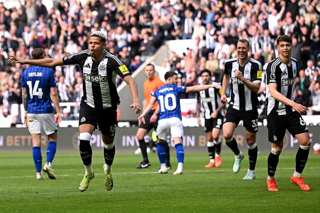 William Osula of Newcastle United celebrates scoring his team's third goal during the Premier League match between Newcastle United FC and Ipswich Town FC at St James' Park on April 26, 2025 in Newcastle upon Tyne, England. (Photo by Stu Forster/Getty Images)