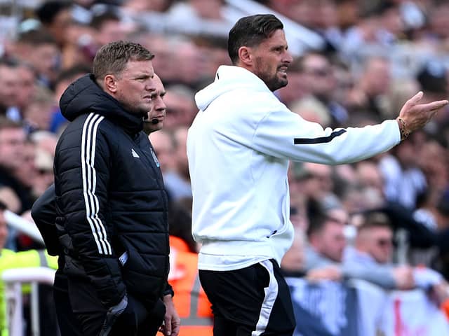 Eddie Howe, Manager of Newcastle United, and Jason Tindall, Assistant Manager of Newcastle United, react during the Premier League match between Newcastle United FC and Ipswich Town FC at St James' Park on April 26, 2025 in Newcastle upon Tyne, England.