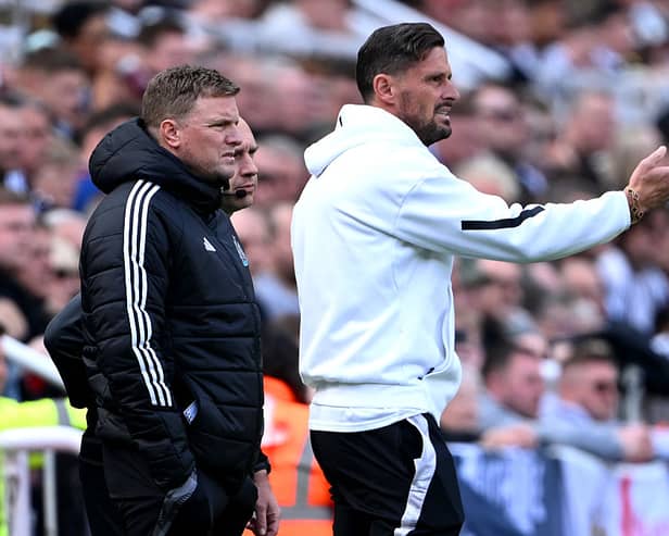 Eddie Howe, Manager of Newcastle United, and Jason Tindall, Assistant Manager of Newcastle United, react during the Premier League match between Newcastle United FC and Ipswich Town FC at St James' Park on April 26, 2025 in Newcastle upon Tyne, England.