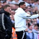 Eddie Howe, Manager of Newcastle United, and Jason Tindall, Assistant Manager of Newcastle United, react during the Premier League match between Newcastle United FC and Ipswich Town FC at St James' Park on April 26, 2025 in Newcastle upon Tyne, England.