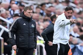 Eddie Howe, Manager of Newcastle United, and Jason Tindall, Assistant Manager of Newcastle United, react during the Premier League match between Newcastle United FC and Ipswich Town FC at St James' Park on April 26, 2025 in Newcastle upon Tyne, England. (Photo by Stu Forster/Getty Images)