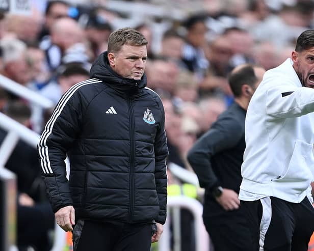 Eddie Howe, Manager of Newcastle United, and Jason Tindall, Assistant Manager of Newcastle United, react during the Premier League match between Newcastle United FC and Ipswich Town FC at St James' Park on April 26, 2025 in Newcastle upon Tyne, England. (Photo by Stu Forster/Getty Images)
