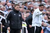 Eddie Howe, Manager of Newcastle United, and Jason Tindall, Assistant Manager of Newcastle United, react during the Premier League match between Newcastle United FC and Ipswich Town FC at St James' Park on April 26, 2025 in Newcastle upon Tyne, England. (Photo by Stu Forster/Getty Images)