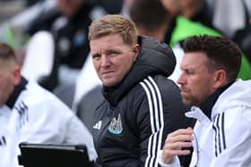 Eddie Howe, Manager of Newcastle United, looks on prior to the Premier League match between Newcastle United FC and Ipswich Town FC at St James' Park on April 26, 2025 in Newcastle upon Tyne, England. (Photo by Alex Livesey/Getty Images)