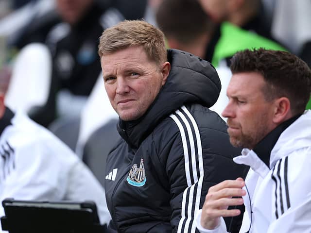 Eddie Howe, Manager of Newcastle United, looks on prior to the Premier League match between Newcastle United FC and Ipswich Town FC at St James' Park on April 26, 2025 in Newcastle upon Tyne, England. (Photo by Alex Livesey/Getty Images)