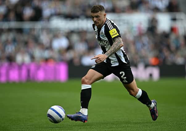 Newcastle United's English defender #02 Kieran Trippier runs with the ball during the English Premier League football match between Newcastle United and Ipswich Town at St James' Park in Newcastle-upon-Tyne, north east England on April 26, 2025. (Photo by Paul ELLIS / AFP)