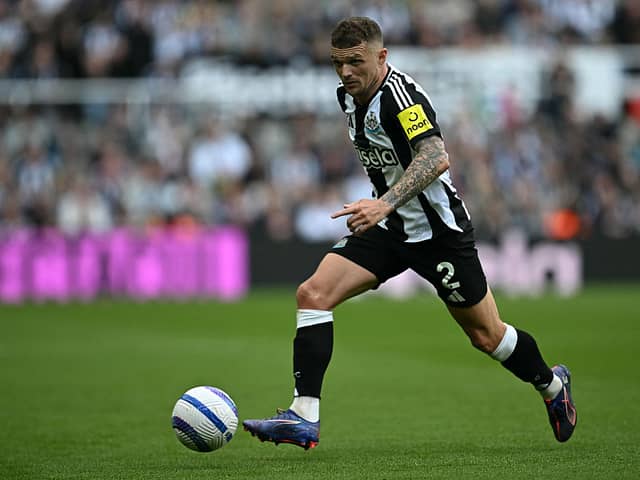 Newcastle United's English defender #02 Kieran Trippier runs with the ball during the English Premier League football match between Newcastle United and Ipswich Town at St James' Park in Newcastle-upon-Tyne, north east England on April 26, 2025. (Photo by Paul ELLIS / AFP) 