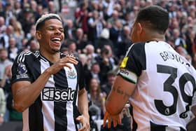 Newcastle United player Will Osula celebrates with Bruno Guimaraes after scoring the third Newcastle goal during the Premier League match between Newcastle United FC and Ipswich Town FC at St James' Park on April 26, 2025 in Newcastle upon Tyne, England. (Photo by Stu Forster/Getty Images)