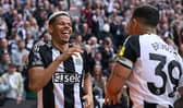 Newcastle United player Will Osula celebrates with Bruno Guimaraes after scoring the third Newcastle goal during the Premier League match between Newcastle United FC and Ipswich Town FC at St James' Park on April 26, 2025 in Newcastle upon Tyne, England. (Photo by Stu Forster/Getty Images)