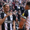 Newcastle United player Will Osula celebrates with Bruno Guimaraes after scoring the third Newcastle goal during the Premier League match between Newcastle United FC and Ipswich Town FC at St James' Park on April 26, 2025 in Newcastle upon Tyne, England. (Photo by Stu Forster/Getty Images)