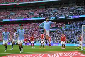 Josko Gvardiol of Manchester City celebrates scoring his team's second goal during the Emirates FA Cup Semi Final match between Nottingham Forest and Manchester City at Wembley Stadium on April 27, 2025 in London, England. (Photo by Shaun Botterill/Getty Images)