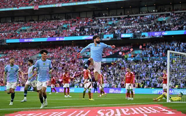 Josko Gvardiol of Manchester City celebrates scoring his team's second goal during the Emirates FA Cup Semi Final match between Nottingham Forest and Manchester City at Wembley Stadium on April 27, 2025 in London, England. (Photo by Shaun Botterill/Getty Images)