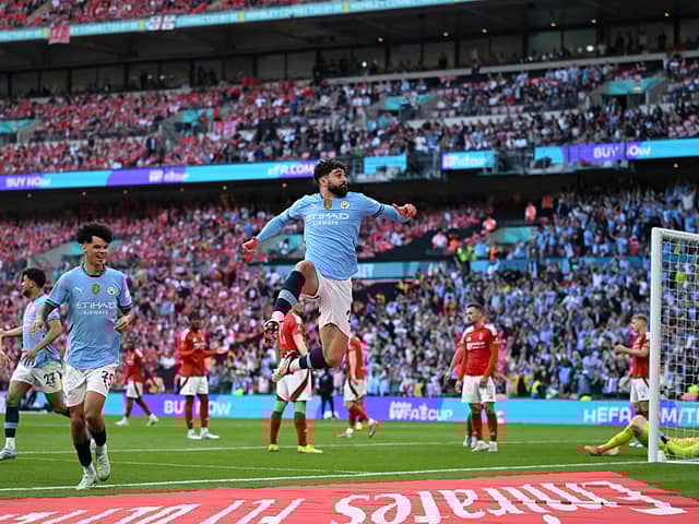 Josko Gvardiol of Manchester City celebrates scoring his team's second goal during the Emirates FA Cup Semi Final match between Nottingham Forest and Manchester City at Wembley Stadium on April 27, 2025 in London, England. (Photo by Shaun Botterill/Getty Images)