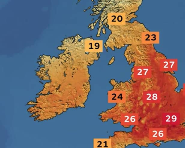 Met Office weather map for Thursday (May 1) shows high temperatures forecast.