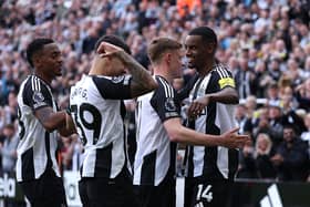 Alexander Isak of Newcastle United celebrates with teammates after scoring his team's first goal during the Premier League match between Newcastle United FC and Ipswich Town FC at St James' Park on April 26, 2025 in Newcastle upon Tyne, England. (Photo by Alex Livesey/Getty Images)