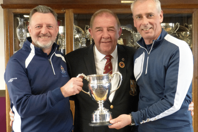 Consett's Mark Bonser (left) and John Kennedy (right) with the Durham County President-elect, Bernie Munroe.