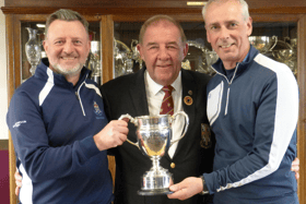 Consett's Mark Bonser (left) and John Kennedy (right) with the Durham County President-elect, Bernie Munroe.