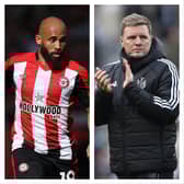 Brentford winger Bryan Mbeumo (left) and Newcastle United manager Eddie Howe