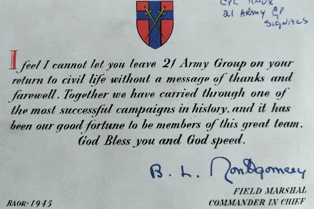A message of thanks from Field Marshal Montgomery to Cpl Knox, sent as Leonard prepared to go home.