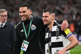 Jamaal Lascelles and Bruno Guimaraes of Newcastle United pose for a photo after the Carabao Cup Final between Liverpool and Newcastle United at Wembley Stadium on March 16, 2025 in London, England. (Photo by Stu Forster/Getty Images)