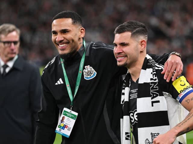 Jamaal Lascelles and Bruno Guimaraes of Newcastle United pose for a photo after the Carabao Cup Final between Liverpool and Newcastle United at Wembley Stadium on March 16, 2025 in London, England. (Photo by Stu Forster/Getty Images)