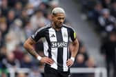 Joelinton of Newcastle United looks on during the Premier League match between Newcastle United FC and Crystal Palace FC at St James' Park on April 16, 2025 in Newcastle upon Tyne, England. (Photo by George Wood/Getty Images)