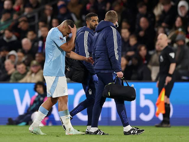 Murillo of Nottingham Forest reacts, as he leaves the pitch with a injury during the Premier League match between Crystal Palace FC and Nottingham Forest FC at Selhurst Park on May 05, 2025 in London, England. 