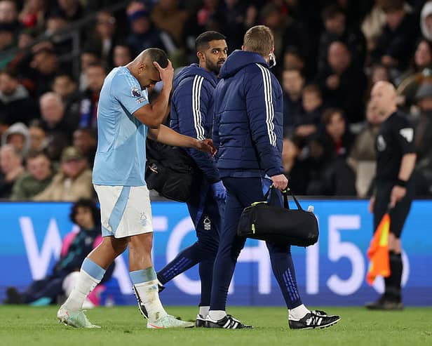 Murillo of Nottingham Forest reacts, as he leaves the pitch with a injury during the Premier League match between Crystal Palace FC and Nottingham Forest FC at Selhurst Park on May 05, 2025 in London, England. 