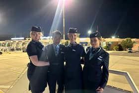 From left: TUI staff Gemma Higgins, Brian Autencio, Anna Clarke, Olivia Lynn after touching down in Morocco on the inaugural flight from Newcastle International Airport.