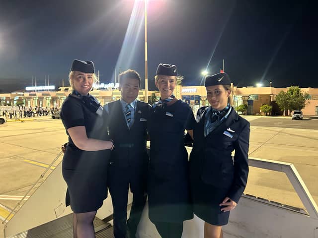 From left: TUI staff Gemma Higgins, Brian Autencio, Anna Clarke, Olivia Lynn after touching down in Morocco on the inaugural flight from Newcastle International Airport.