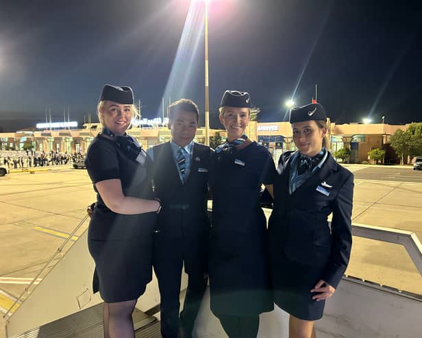 From left: TUI staff Gemma Higgins, Brian Autencio, Anna Clarke, Olivia Lynn after touching down in Morocco on the inaugural flight from Newcastle International Airport.