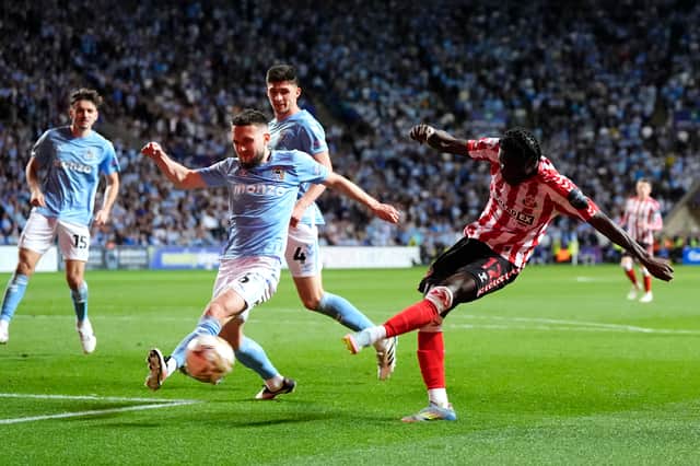 Sunderland's Eliezer Mayenda attempts a shot on goal during the Sky Bet Championship play off semi final, first leg match at the Coventry Building Society Arena, Coventry.
