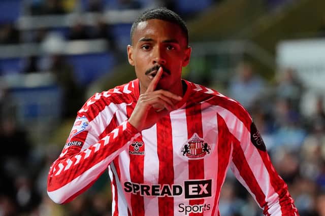 Sunderland's Wilson Isidor celebrates scoring their side's first goal of the game during the Sky Bet Championship play off semi final, first leg match at the Coventry Building Society Arena, Coventry.