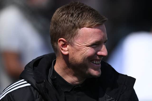A smiling Eddie Howe, head coach of Newcastle United during the Premier League match between Newcastle United FC and Chelsea FC at St James' Park on May 11, 2025 in Newcastle upon Tyne, England. (Photo by Stu Forster/Getty Images)