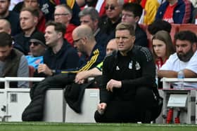 Newcastle United's English head coach Eddie Howe looks on during the English Premier League football match between Arsenal and Newcastle United at the Emirates Stadium in London on May 18, 2025. (Photo by Glyn KIRK / AFP)