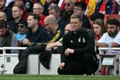 Newcastle United's English head coach Eddie Howe looks on during the English Premier League football match between Arsenal and Newcastle United at the Emirates Stadium in London on May 18, 2025. (Photo by Glyn KIRK / AFP)