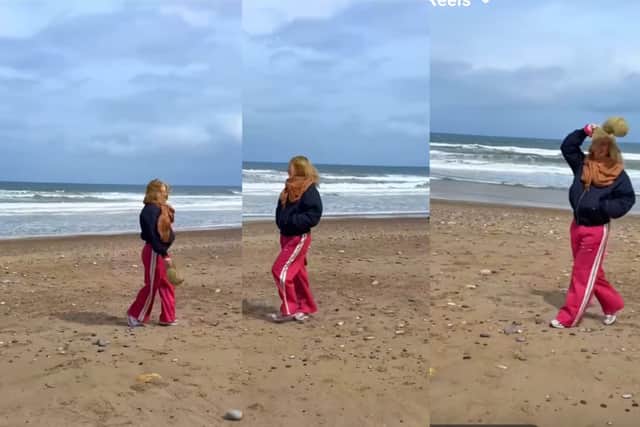 Kylie Minogue having fun on what is believed to be Seaham Beach.